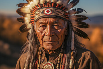 Obraz premium Portrait eines indigenen älteren Mannes mit Kopfschmuck Stammeshäuptling, Indianer, Federschmuck, Generative AI
