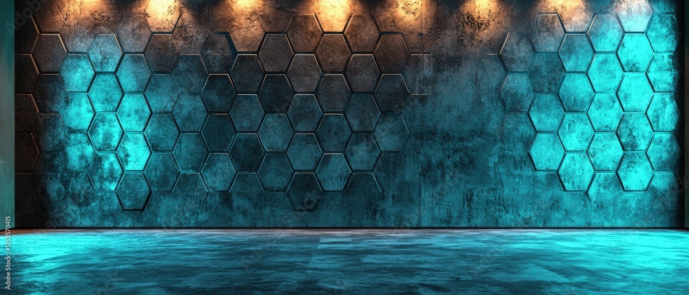 Aufkleber dark gray concrete wall with hexagonal pattern and ambient lighting effect in a modern interior sett