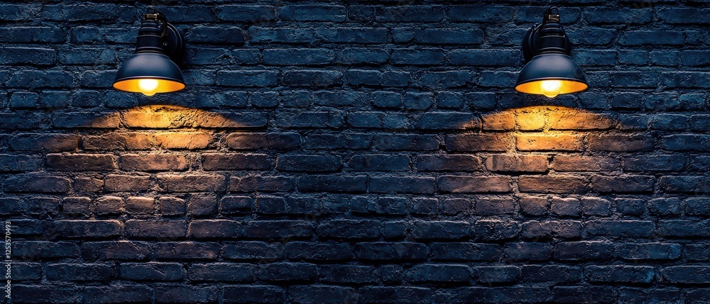Poster dark gray brick wall with diagonal stripe pattern and wall lights illuminating texture and depth