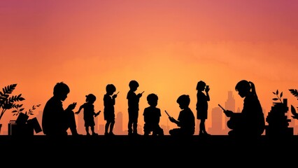 Fototapeta premium Children Engaged in Digital Activities Against Sunset City Background