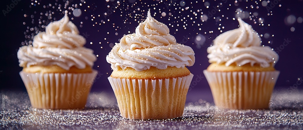 Poster whimsical cupcakes floating in air surrounded by sparkles and shimmering effects in a mystical backg