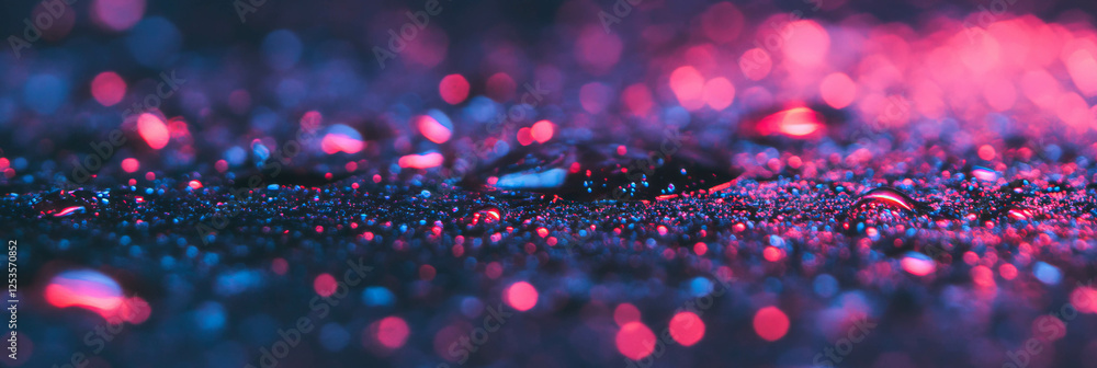 Poster droplets creating vibrant reflections on dark stone surface with bright background