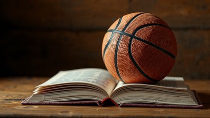 Basketball Resting on Open Book with Wooden Background