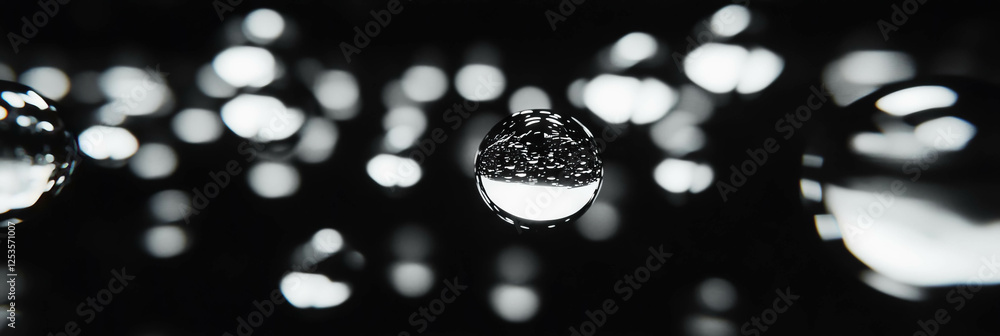 Poster Droplets on dark surface creating striking reflections and patterns with bright background