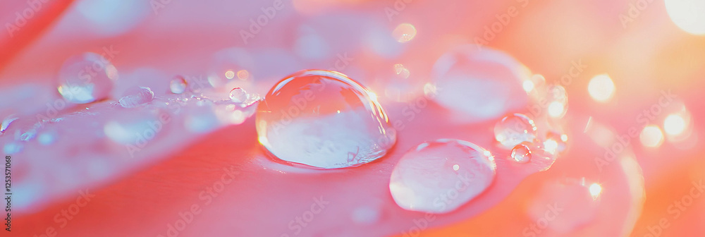 Poster droplets on flower petal with soft reflections and bright background for decorative use