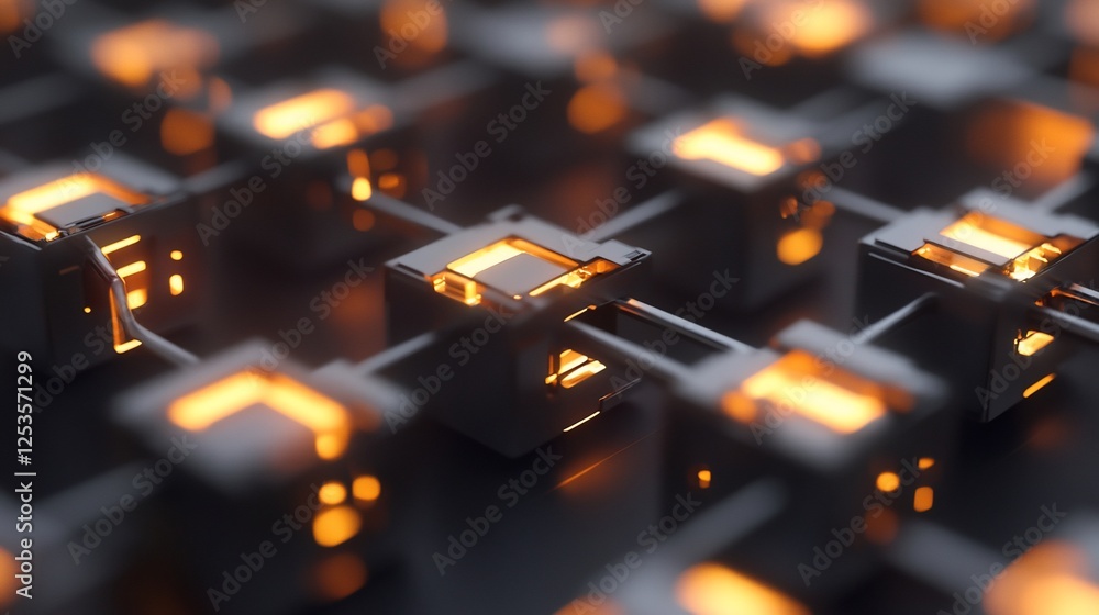 Poster interconnected nodes of a futuristic network glowing with orange light