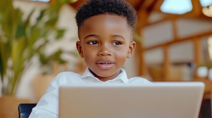 Empowering Education African American schoolboy studying online using laptop Discover captivating images showcasing a young student's dedication to learning in the digital age Witness the joy of
