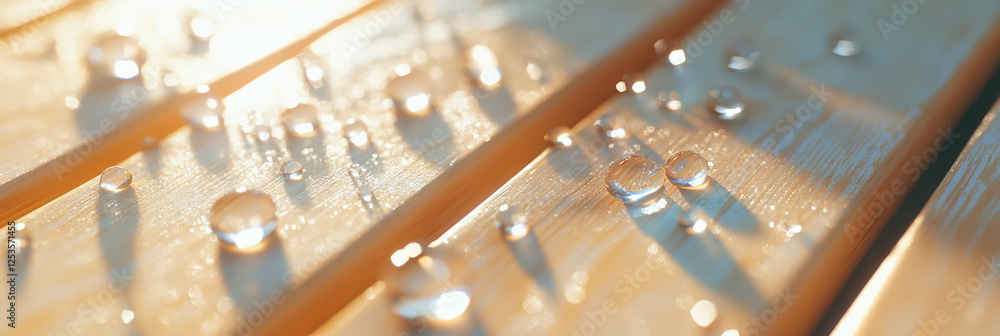 Poster droplets create reflections on a light wooden surface in a bright environment