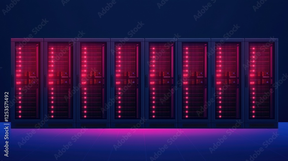 Poster a futuristic server room displaying illuminated racks with vibrant pink lights against a dark backdr