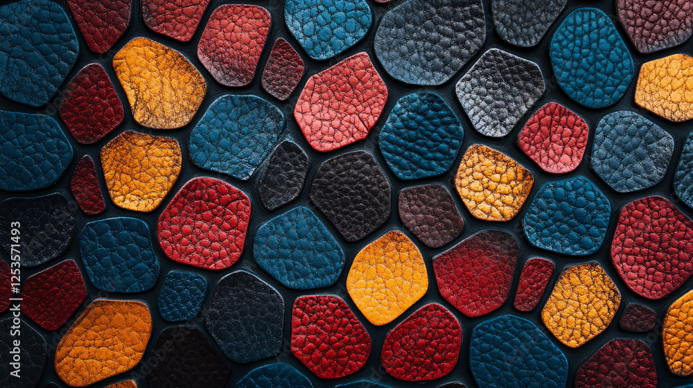 Poster a stunning multicolored pebble mosaic with red blue yellow and black elements creating a rich and dy