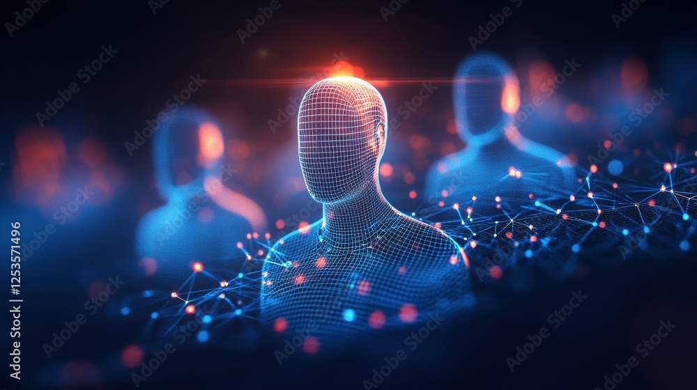 Poster a futuristic digital representation of human figures surrounded by connected data points, symbolizin