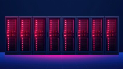A futuristic server room displaying illuminated racks with vibrant pink lights against a dark backdrop, emphasizing a high-tech environment.