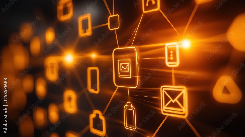 Poster a glowing network of connected icons symbolizing digital communication and data exchange, featuring 