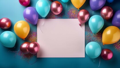 colorful birthday background with balloons and empty paper