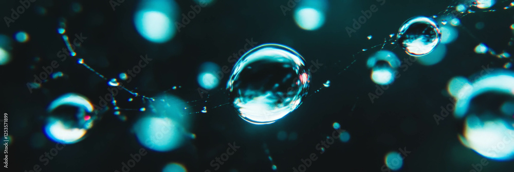 Poster Delicate droplets on spider web reflecting light in intricate patterns against bright background