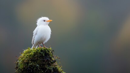Obraz premium White bird perched on moss, autumnal background, nature scene