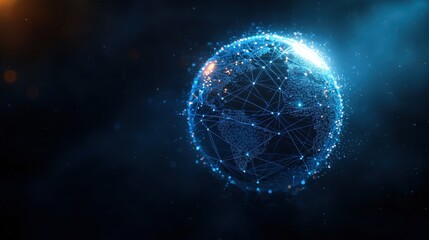 Obraz premium A glowing, interconnected globe composed of blue light particles against a dark background, symbolizing global connectivity and technology.