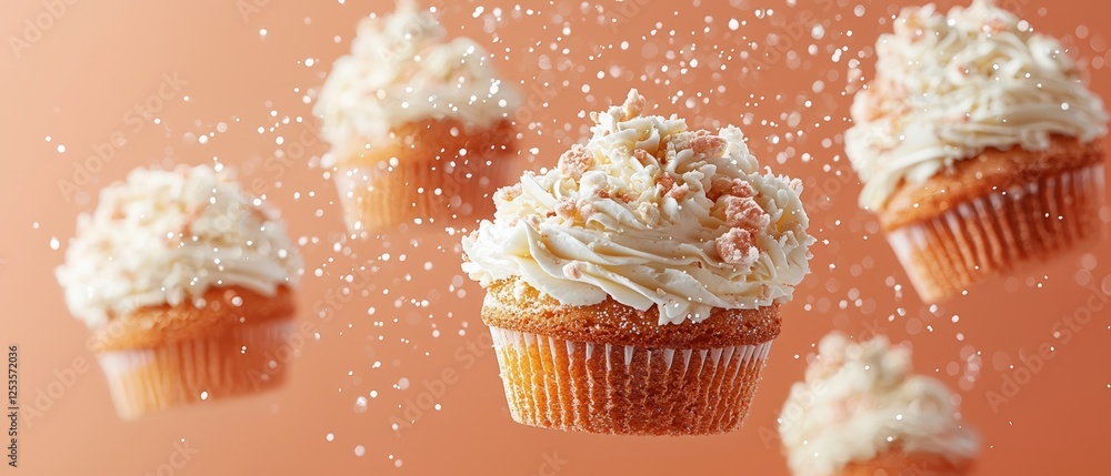 Poster floating cakes with sparkles against a deep orange background captivating the eye with sweetness and