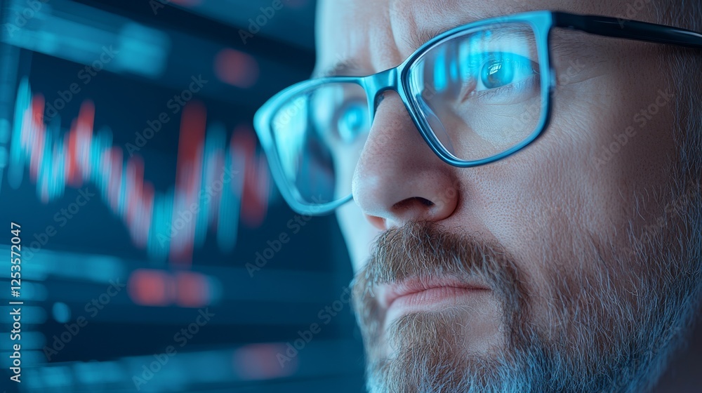Poster man with glasses analyzing stock chart data for investment decisions