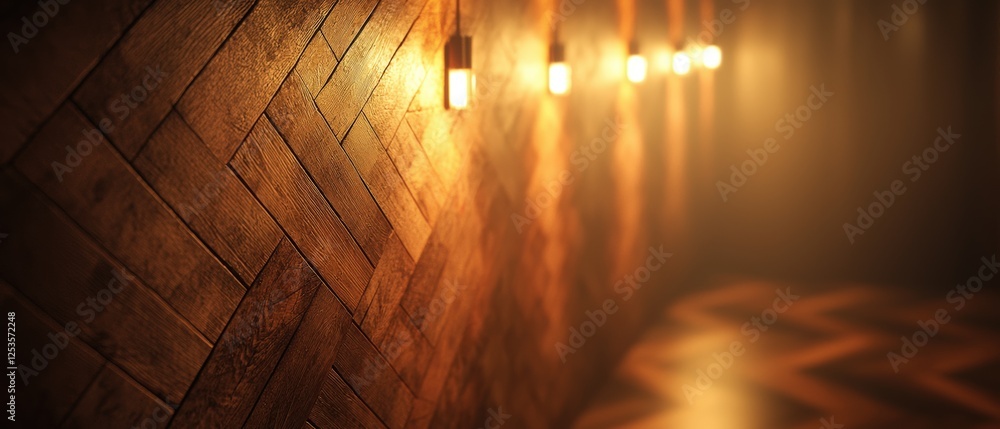 Poster warm brown wooden wall with diagonal plank pattern and subtle lighting creating an inviting atmosphe
