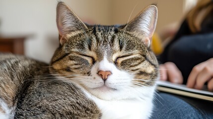 Pet Parent Cat Care Concept, Cozy Cat Napping in a Sunny Living Room Environment with Calm Ambiance and Natural Light