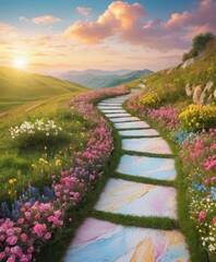  A scenic mountain path through green meadows under a blue sky