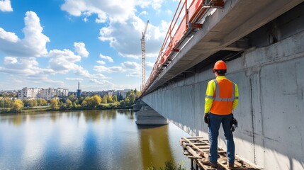 A panoramic perspective of an engineer inspecting the structural integrity of a newly built bridge over a bustling river, Bridge inspection scene, Transportation infrastructure style