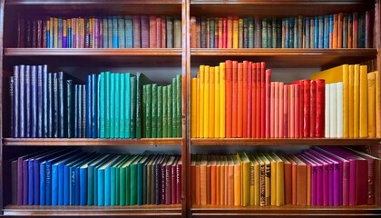 bookshelf with multi colored books background beautiful colorful rainbow books on bookshelf
