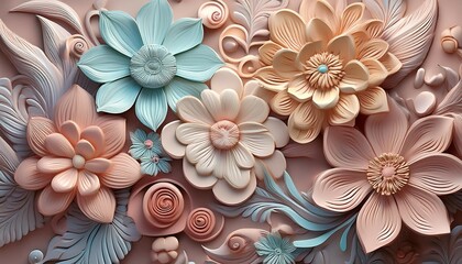 pastel clay floral texture wallpaper with 3d flowers