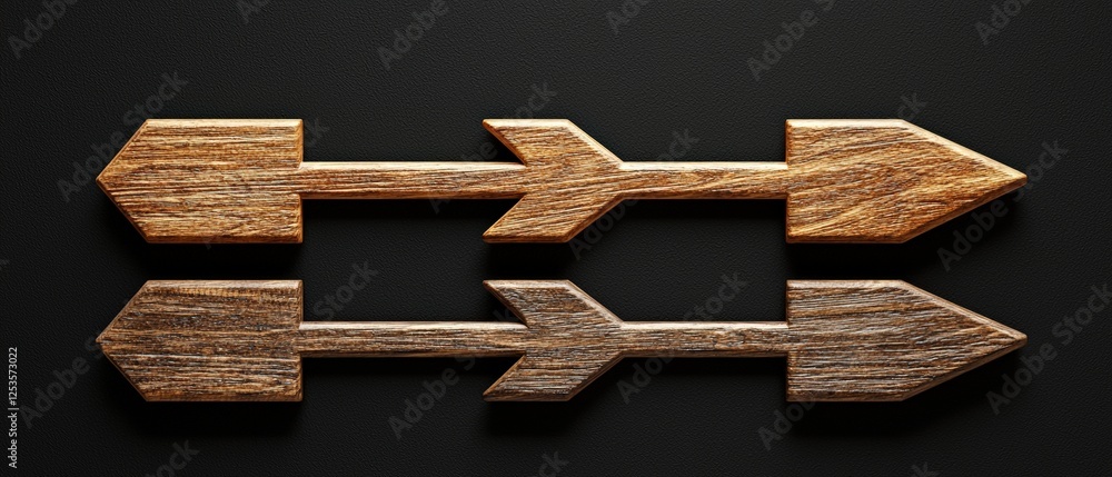 Poster rustic wooden sign with three arrows pointing in different directions on dark background