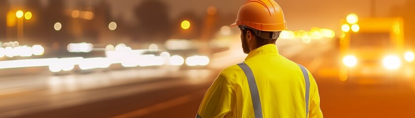 Construction worker in hard hat and yellow jacket, ensuring site safety high visibility