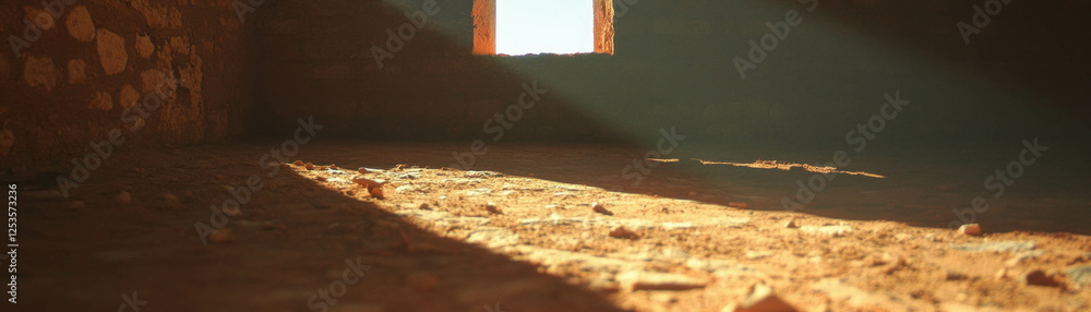 Poster silhouette and light in an empty room with rough stone walls and a dirt floor