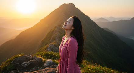 Naklejka premium Liberated Woman on a Mountain, Looking Up and Freeing Her Mind from Worries