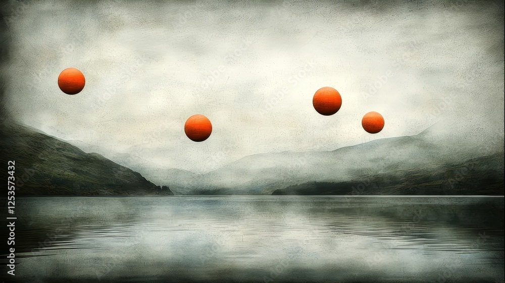 Poster a captivating display of floating orange spheres, vibrant and abstract visual spectacle