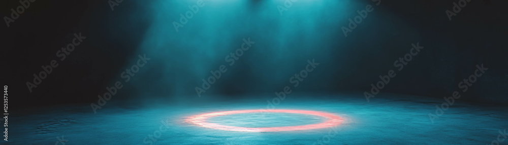 Aufkleber empty room with light circle on floor and dark textured walls creates a bright backdrop