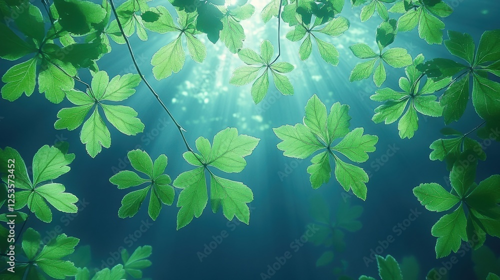Poster sunlight filters through lush green leaves creating a tranquil natural atmosphere in a serene forest