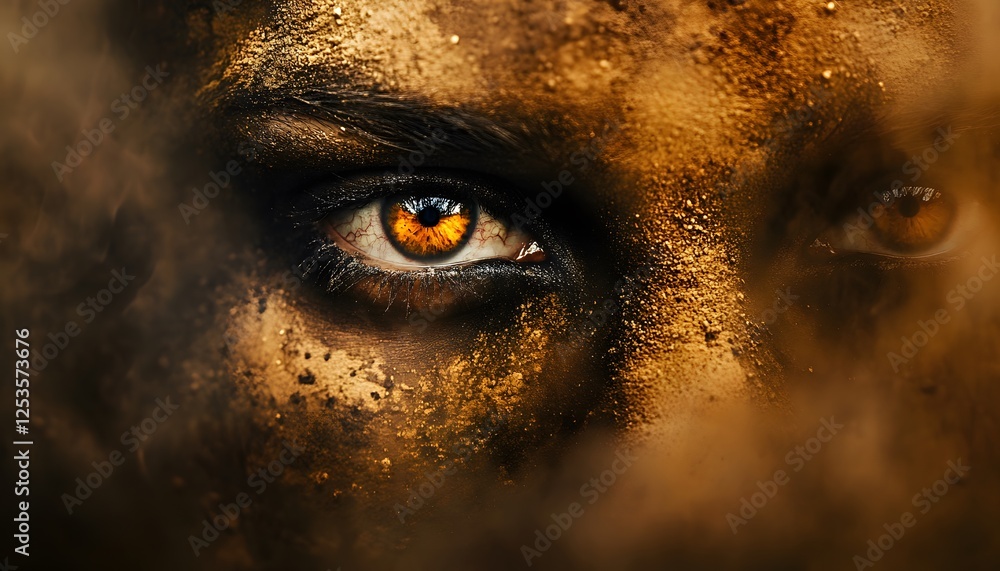 Poster captivating close-up of eyes with golden face paint and mysterious aura particulate matter concept