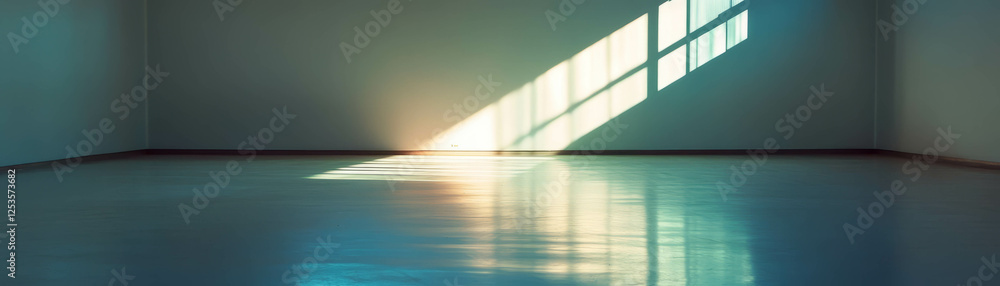Poster bright, empty room with smooth white walls and a soft glow creates serene atmosphere