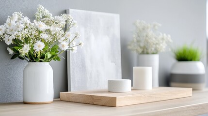 Modern home decor wooden tray, white flowers, candles