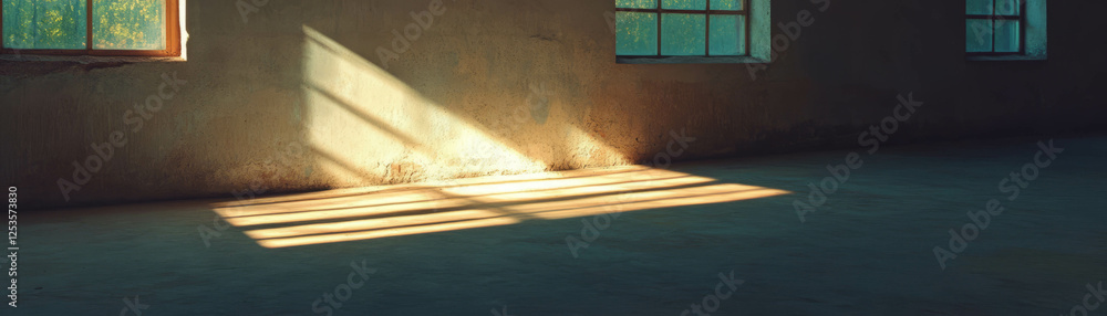 Poster empty room illuminated by spotlight casting long shadows on rough walls and floor