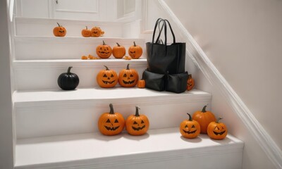 A white staircase adorned with small black leather tote bags and jack-o-lantern pumpkins on each step , white staircase, black leather tote bag, outdoor decor