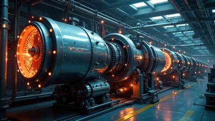 Obraz premium Futuristic Industrial Machinery Row Glowing Orange Engines in a Sleek, Modern Factory Setting