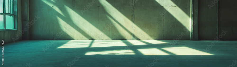 Poster dramatic shadows in an empty room with textured concrete walls and bright light