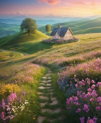 A vibrant spring landscape in the Dutch countryside features a field of colorful flowers under a bright blue sky