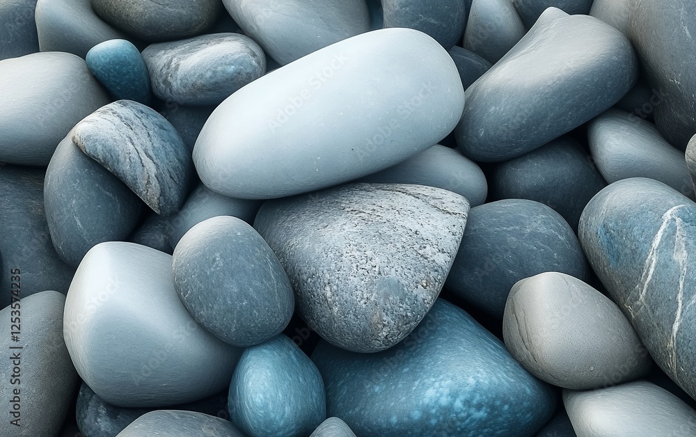 Poster pile of grey stones with shiny surfaces and natural variations in size and shape for earthy backgrou