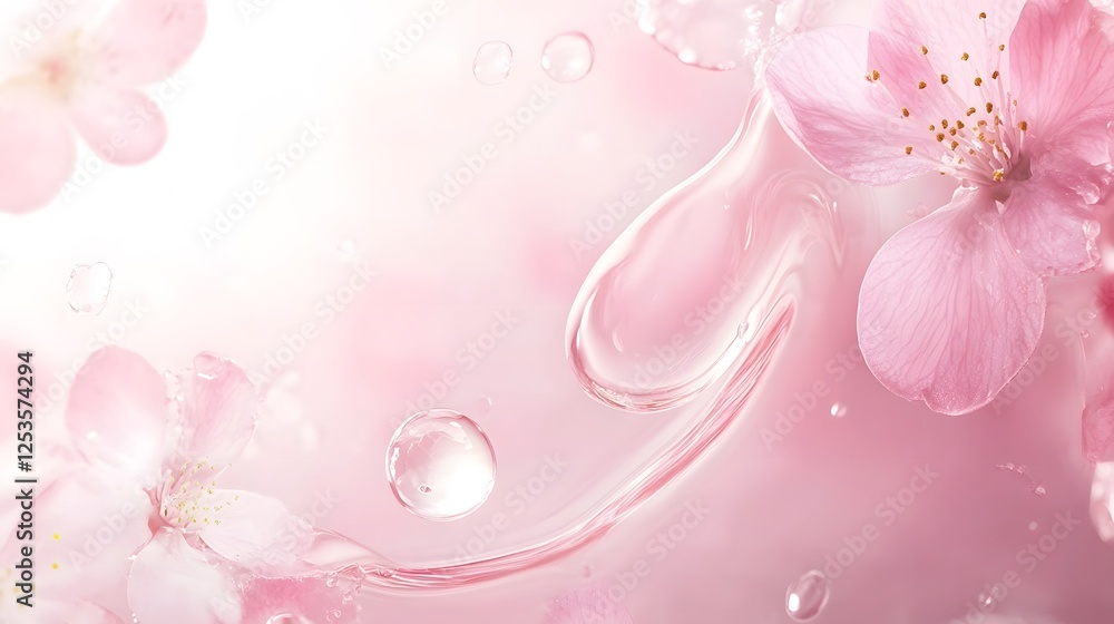 Poster delicate pink flowers in soft focus with blurred pastel background and shimmering water droplets cre
