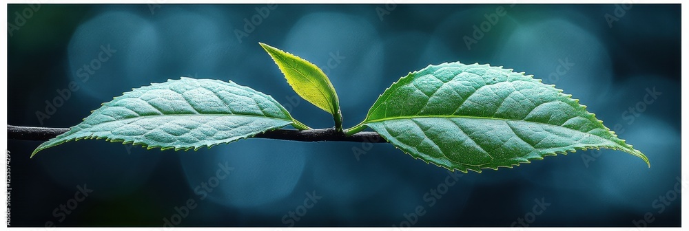 Poster new leaf emerging from a branch surrounded by soft blue bokeh in a serene outdoor setting. generativ