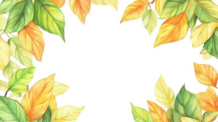 Frame of autumn yellow, orange, green maple leaves on a white background, graphic drawing, copy space