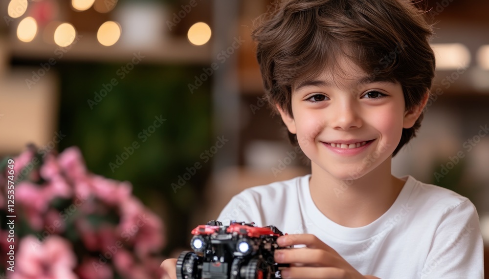 Poster enthusiastic young male elementary school student happily assembling a robotic car during a captivat