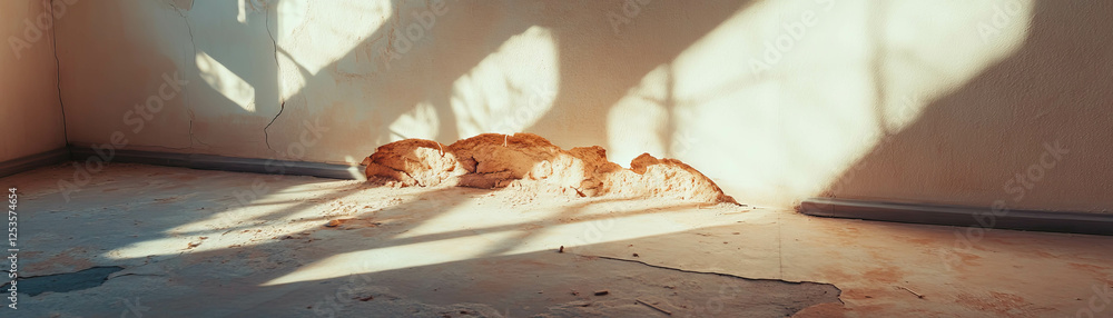 Poster unique light patterns fill an empty room through a wall crack at sunset time